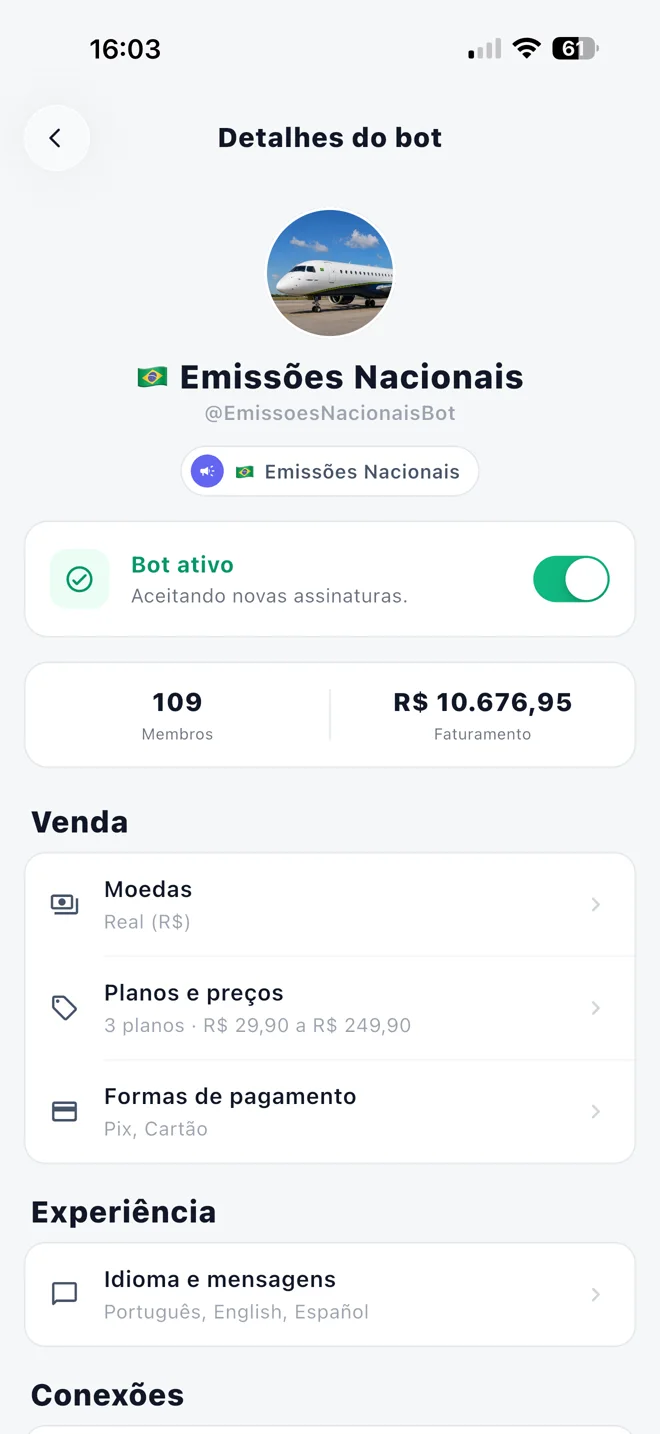 Detalhes de um bot no Truppie, com planos, preços e formas de pagamento
